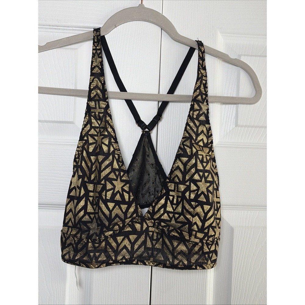 Free People Starry Night Bralette Womens Size M Black Gold Metallic Mesh